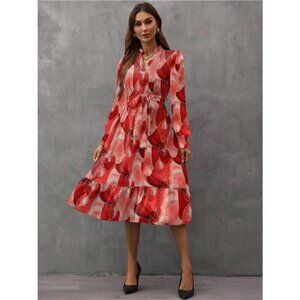 Notched Tie Waist Long Sleeve Dress